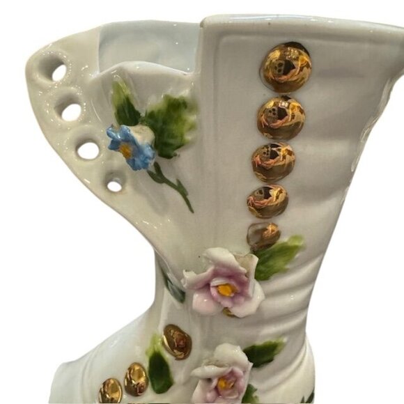 Vintage Ceramic Victorian Style Boot Vase With Floral & Gold Button Detailing - Picture 2 of 8